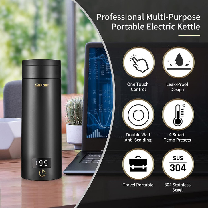 Sekaer Travel Electric Tea Kettle Portable Small Mini Coffee Kettle with 4 Variable Presets Personal Hot Water Boiler 30