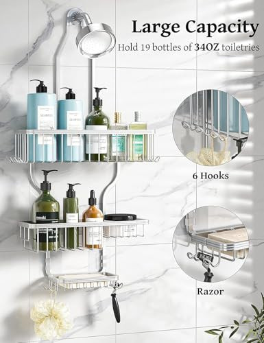 YASONIC Shower Caddy Hanging Never Rust Shower Organizer Aluminum Over The Head Caddy with 10 Hooks for RazorSponge Rack