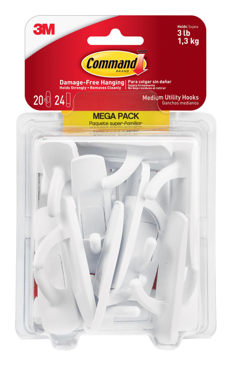 Command Medium Utility Hooks 20 Hooks and 24 Strips DamageFree Hanging Wall Hook with Adhesive Strips No Tools Great for