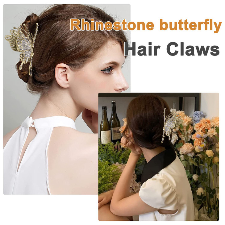 CROWN GUIDE Large Cute Butterfly Claw Clips for Women Girls Curly/Thick/Fine Hair, Big Rhinestone Hair Clips, Strong Hold Hair jumbo Jaw Clip Hair St