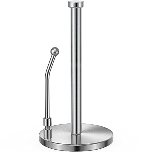 SMARTAKE Paper Towel Holder Paper Towel Dispenser Standing Weighted Base Non Slip Spring Arm for Easy Tear Stainless Ste