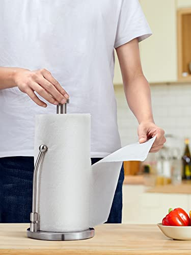 SMARTAKE Paper Towel Holder Paper Towel Dispenser Standing Weighted Base Non Slip Spring Arm for Easy Tear Stainless Ste