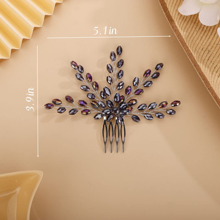 Chargances Rhinestone Bridal Wedding Hair Comb Purple Flower Bridal Side Comb Beaded Crystal Hair Vine Pieces Handmade Hair Accessories for Women and