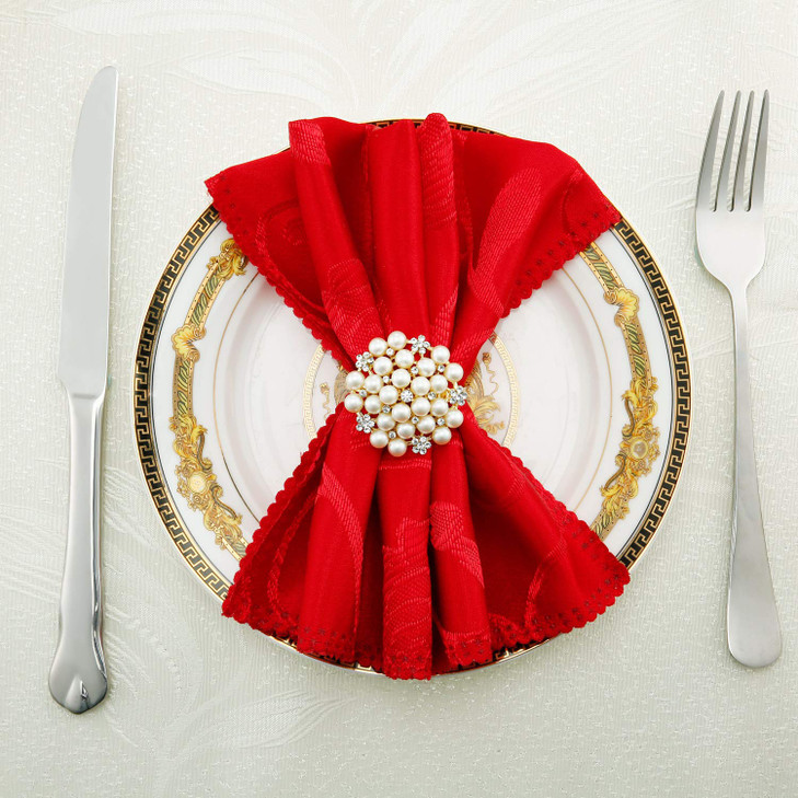 Hotop 36 Pcs Gold Napkin Rings Pearls and Flower Napkin Buckles Rhinestone Bling Round Holders for Wedding Party Dinner
