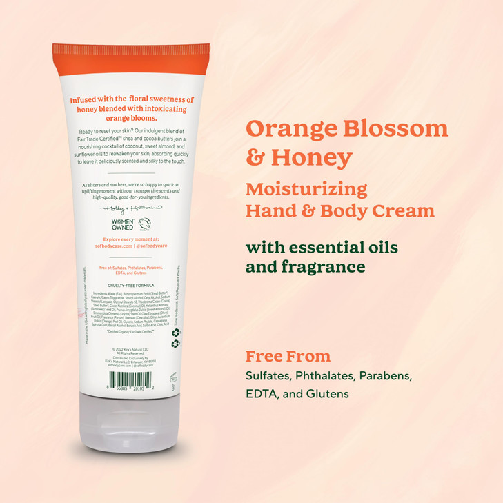 SoF Moisturizing Hand & Body Cream - With Organic Shea + Cocoa Butter and Sweet Almond Oil,Non GMO & Vegan, Orange Blossom and Honey, 8 Fl Oz, 1 Pack
