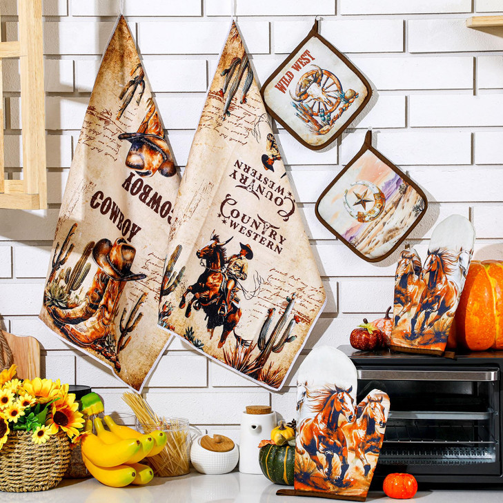 Leinuosen 6 Western Cowboy Kitchen Towels Kitchen Decor and Accessories Set Floral Plant Oven Mitts and Pot Holders Sets