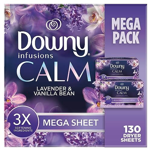 Downy CALM Mega Dryer Sheets Laundry Fabric Softener Lavender and Vanilla Bean 130 Count