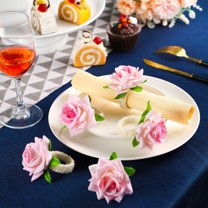 Chengu 12 Pcs Pink Floral Napkin Rings Spring Handcraft Flower Napkin Rings Rose Peony Holder Table Decoration for Easte