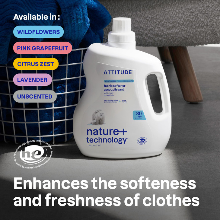 ATTITUDE Liquid Fabric Softener PlantBased Vegan HE Compatible Naturally Derived Wildflowers Scent 80 Loads 676 Fl Oz