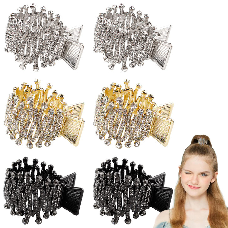 6 Pcs Pearl Rhinestone Shark Hair Claw Clips for Women, Non-slip Fixed Ponytail Clips for Long Thick Hair