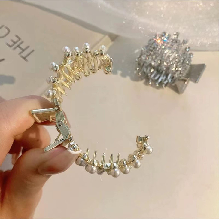 6 Pcs Pearl Rhinestone Shark Hair Claw Clips for Women, Non-slip Fixed Ponytail Clips for Long Thick Hair