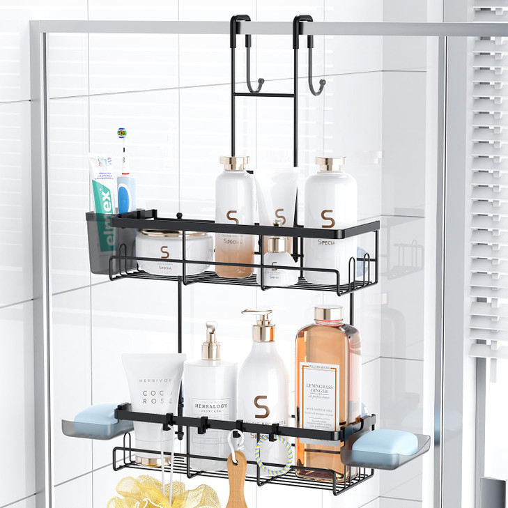Aitatty Over the Door Shower Caddy Hanging Black Rustproof Shower Organizer over the Door No Drilling Bathroom Rack for