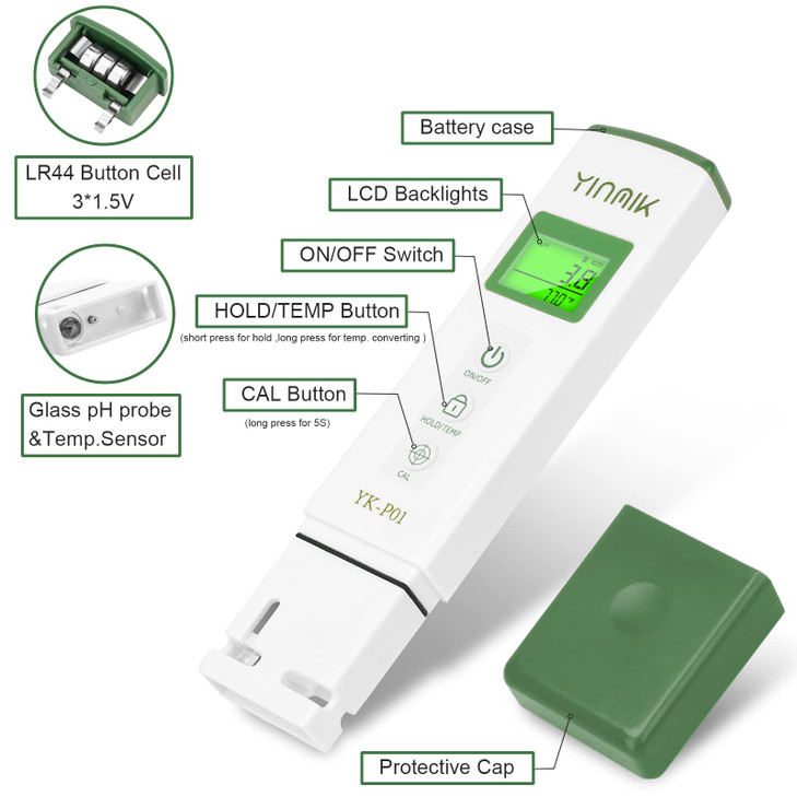 YINMIK YKP01 pH Tester Digital pH Meter for Water Hydroponics Accurate pH Temp Meter with ATC for Pool Spa Hot Tub Indoo