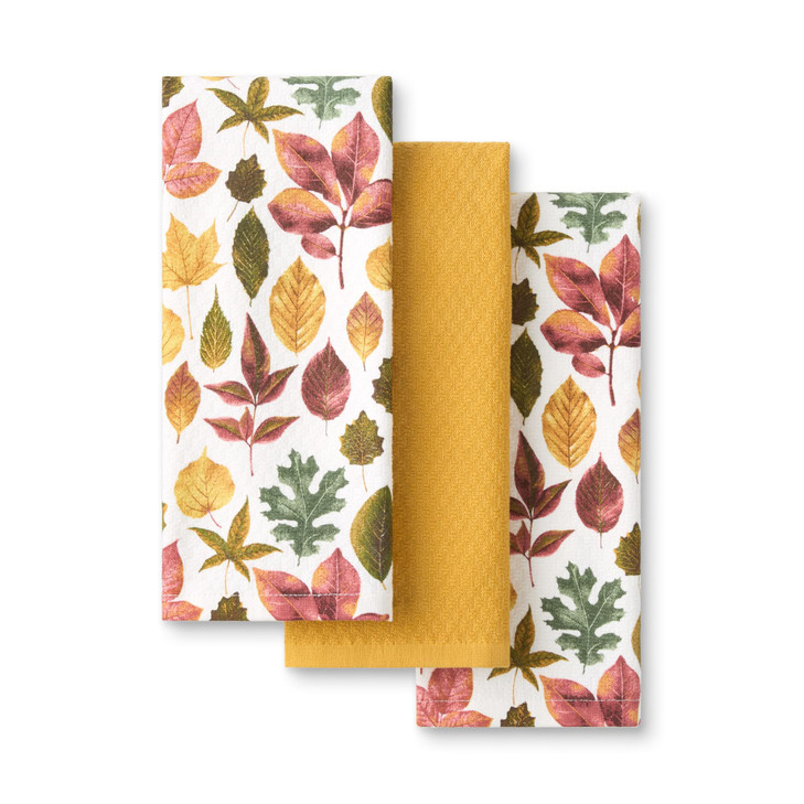 Martha Stewart Autumn Harvest Falling Leaves Kitchen Towel 3Pack Set 100 Cotton with Absorbent Terrycloth Decorative Kit
