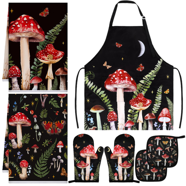 Bencailor 7 Pcs Mushroom Kitchen Towels Oven Mitt and Pot Holder Apron Kitchen Decor Gifts for Mothers Day Birthday