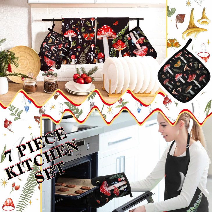 Bencailor 7 Pcs Mushroom Kitchen Towels Oven Mitt and Pot Holder Apron Kitchen Decor Gifts for Mothers Day Birthday