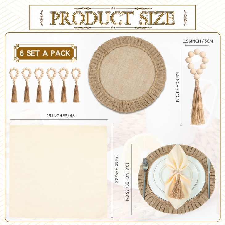 Gejoy Round Burlap Placemats Wood Bead Napkin Rings with Dinner Napkins Cloth Jute Heat Resistant Placemats Boho Wooden