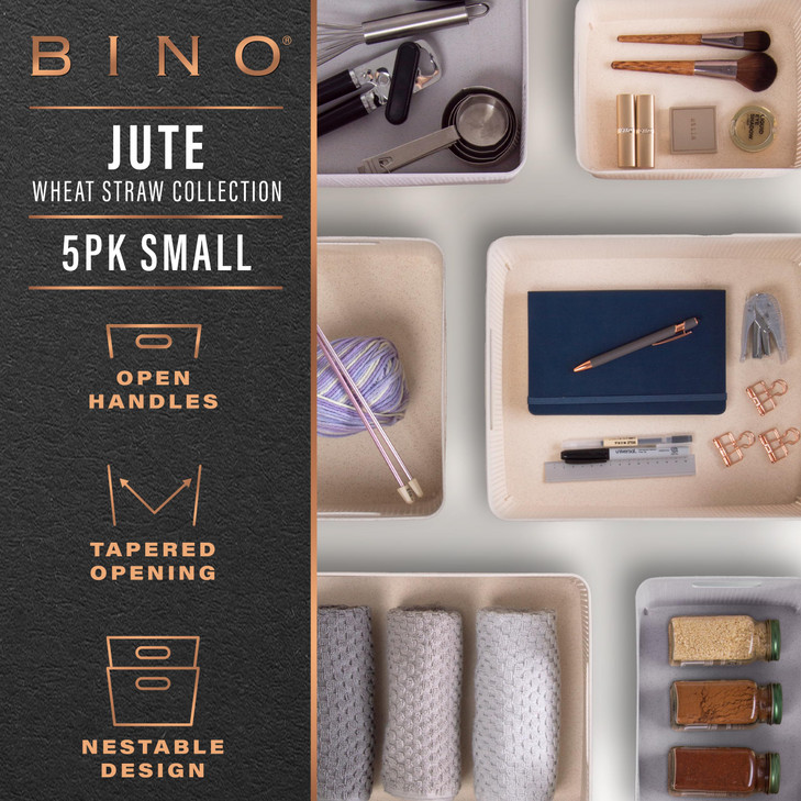 BINO Woven Plastic Basket Small Natural 5Pack THE JUTE COLLECTION Home Organization Space Saving Storage Stylish Design
