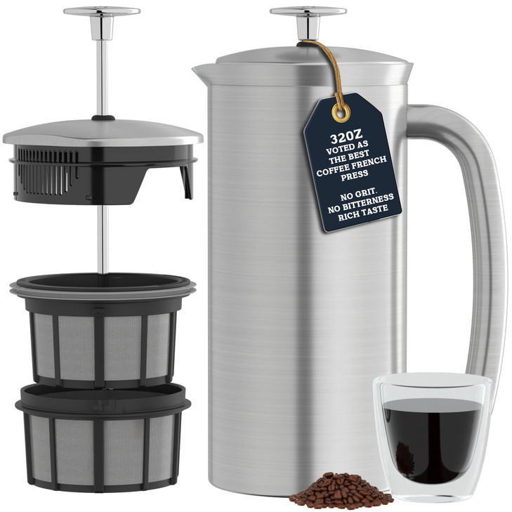 ESPRO P7 Brushed Stainless Steel French Press 304 Patented Double Walled MicroFilter Insulated French Press Coffee Maker