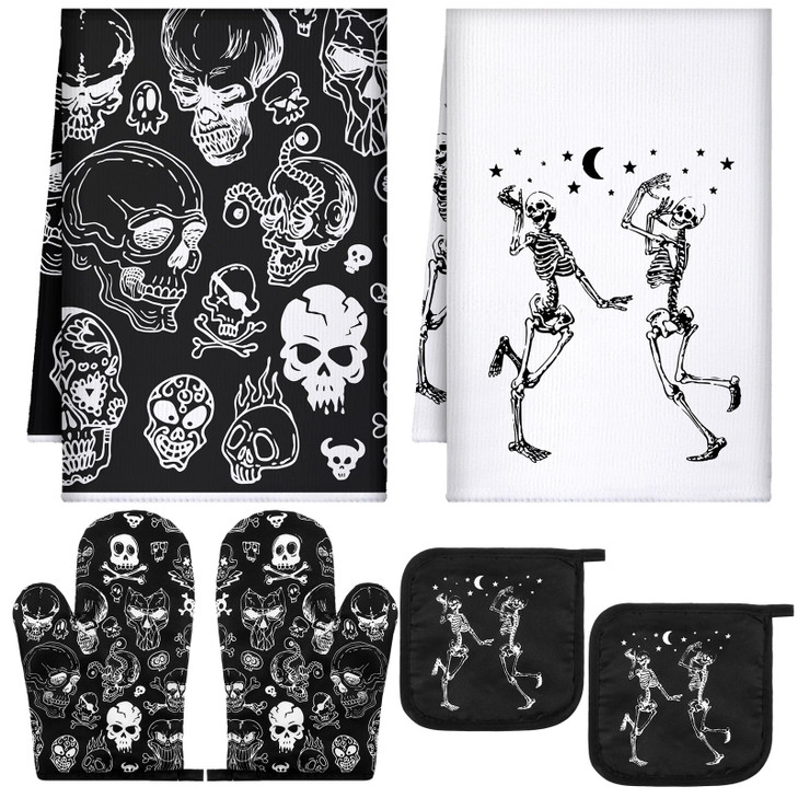 Leinuosen 6 Pcs Skull Kitchen Decor Set Skull Kitchen Towels Gothic Oven Mitts and Pot Holders Sets Skeleton Hand Dish T