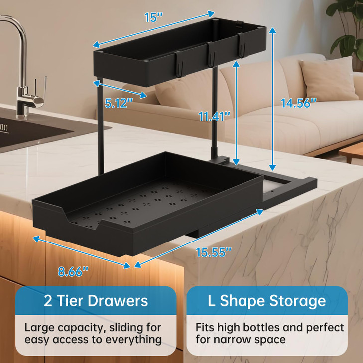 NATURES SOURCE 2 Pack Under Sink Organizer 2 Tier Sliding Cabinet Organizers MultiPurpose Sink Storage Basket LShape Nar