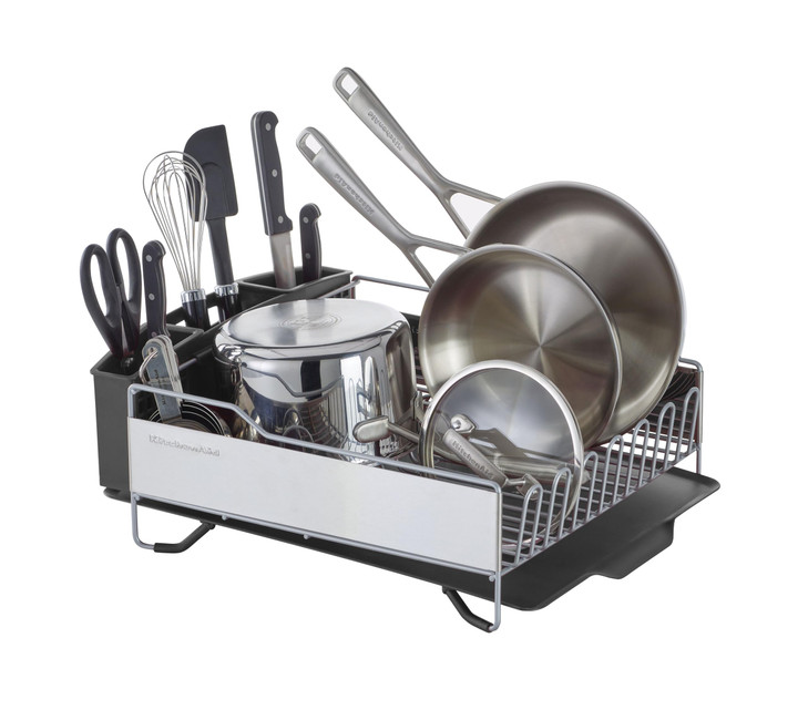 KitchenAid Large Capacity Full Size Rust Resistant Dish Rack with Angled Drain Board and Removable Flatware Caddy Light