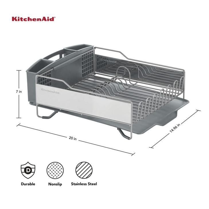 KitchenAid Large Capacity Full Size Rust Resistant Dish Rack with Angled Drain Board and Removable Flatware Caddy Light