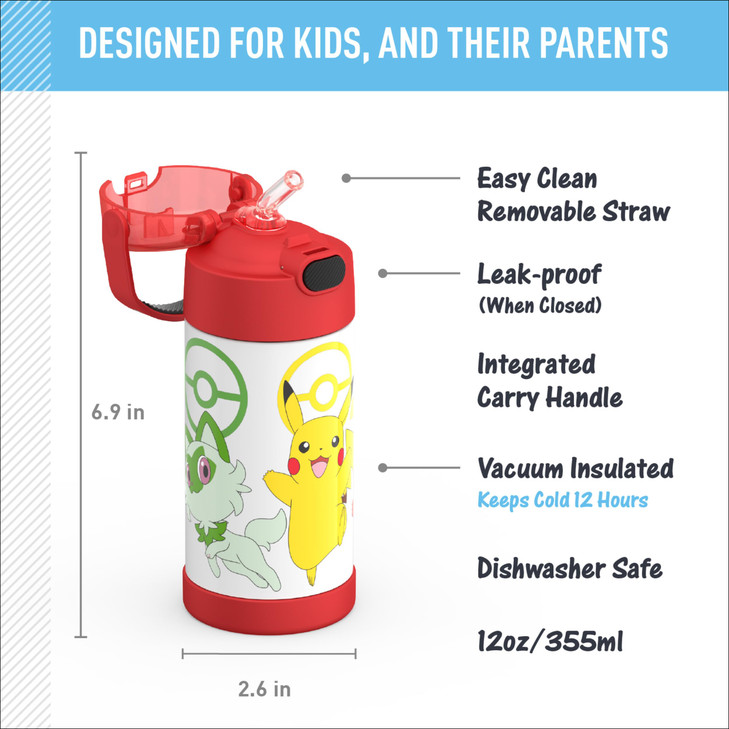 THERMOS FUNTAINER Water Bottle with Straw 12 Ounce Kids Stainless Steel Vacuum Insulated Water Bottle with Lid Pokmon