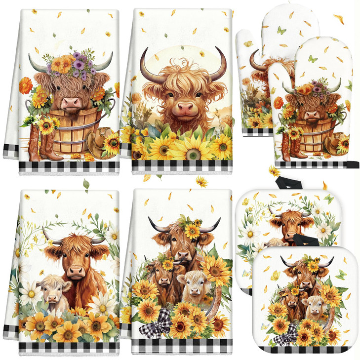 VitalCozy 8 Pcs Highland Cow Kitchen Towels Pot Holders and Oven Mitt Set Highland Cattle Dish Towels Farm Square Pothol