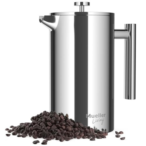 MuellerLiving French Press Coffee Maker 34oz Stainless Steel French Press Coffee 4 Filter Heat Resistant Double Insulate