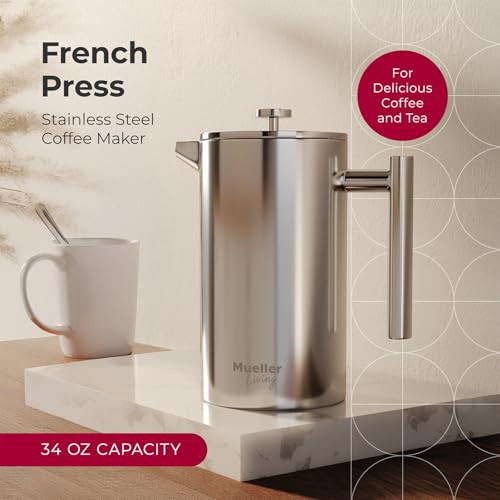 MuellerLiving French Press Coffee Maker 34oz Stainless Steel French Press Coffee 4 Filter Heat Resistant Double Insulate