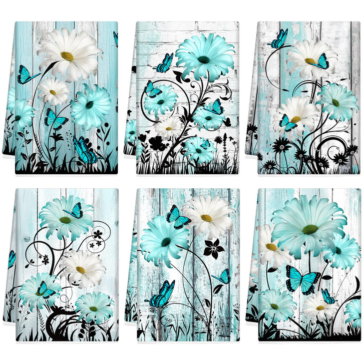 Breling Set of 6 Teal Daisy Kitchen Towel Vintage Themed Dish Towel Turquoise Bathroom Decorative Rustic Tea Cloths for