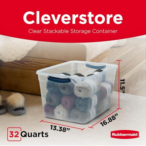 Rubbermaid Cleverstore Clear 32 Qt 6 Pack Stackable Plastic Storage Bins with Lids Great for Closet and Laundry Storage