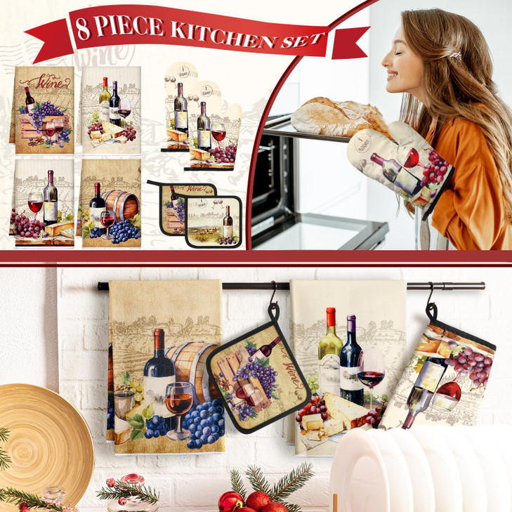 Bencailor 8 Pcs Kitchen Towel Pot Holders and Oven Mitts Set Kitchen Decoration 4 Dish Towels 2 Retro Oven Mitts 2 Potho