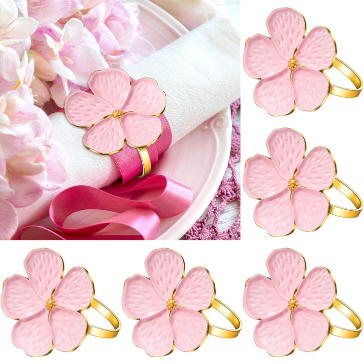 Patelai 12 Pcs Pink Flower Napkin Rings Set Holiday Floral Napkin Ring Holder Gold Serviette Buckle Gift for Wedding Bir