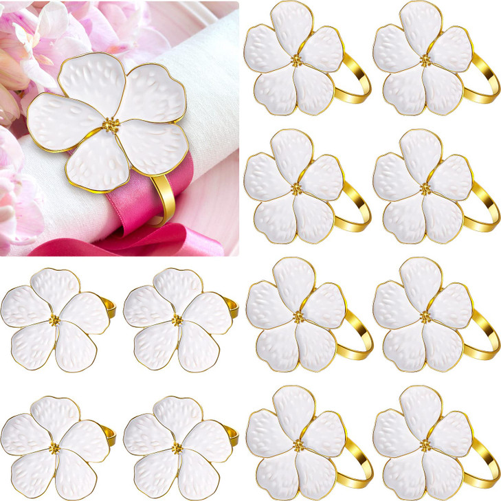 Patelai 6 Pcs White Flower Napkin Rings Bulk Holiday Gold Cloth Napkin Rings Floral Serviette Buckles Party Table Decor