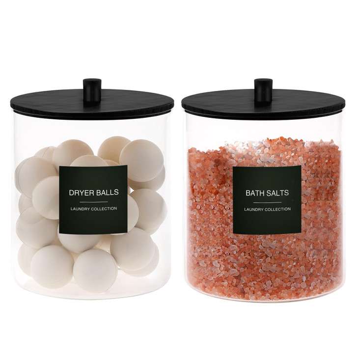 Glass Jars and Acrylic Dryer Sheet Holder Laundry Pods Container with Bamboo Lid and 27 Labels Powder Detergent Containe