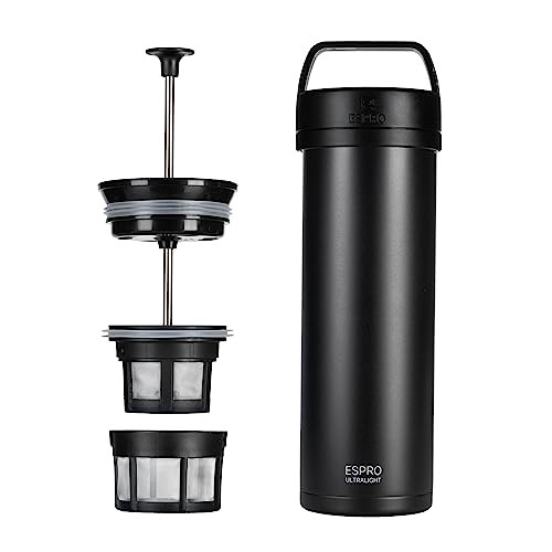 ESPRO P0 Ultralight French Press Coffee Maker for Travel Vacuum Insulated Stainless Steel 16 Ounces Matte Meteorite Blac