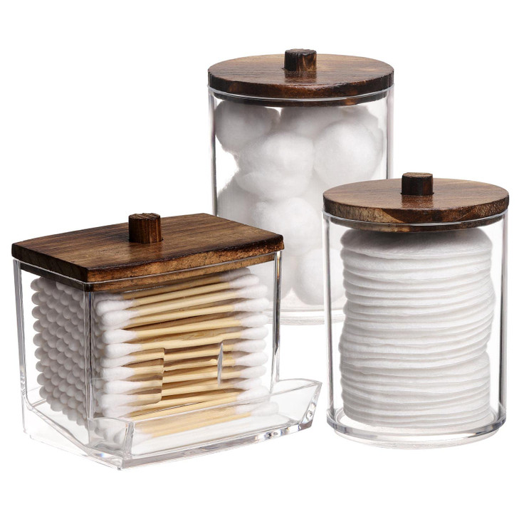 Tbestmax Qtips Holder Bathroom Container 10 OZ Cotton BallSwabs Dispenser Apothecary Jar Organizer for Storage Brown Woo