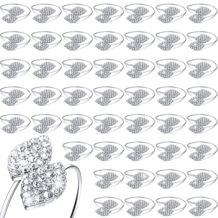 Hotop 48 Pcs Silver Holiday Napkin Rings Set Silver Bling Winter Napkin Rings Bulk Metal Leaves Holders Rhinestone Buckl