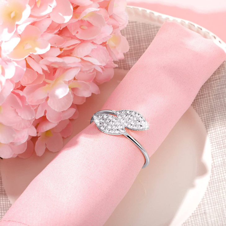 Hotop 48 Pcs Silver Holiday Napkin Rings Set Silver Bling Winter Napkin Rings Bulk Metal Leaves Holders Rhinestone Buckl