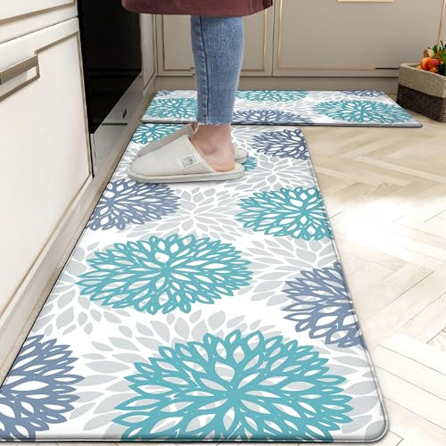 Teal Kitchen Mats Set of 2 Cushioned Anti Fatigue Kitchen Rugs Non Slip Waterproof Runner Memory Foam Kitchen Floor Mat