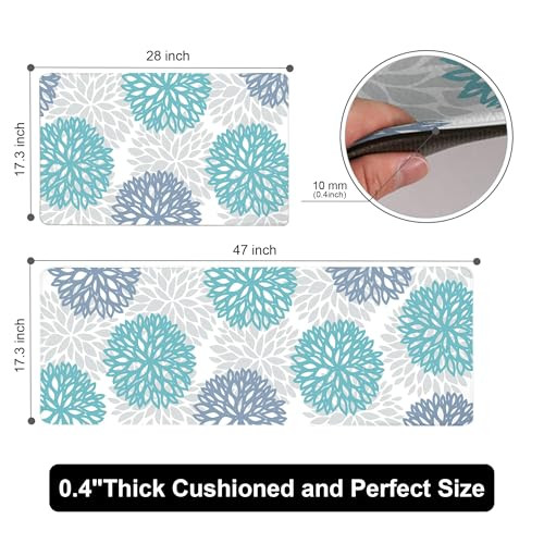 Teal Kitchen Mats Set of 2 Cushioned Anti Fatigue Kitchen Rugs Non Slip Waterproof Runner Memory Foam Kitchen Floor Mat