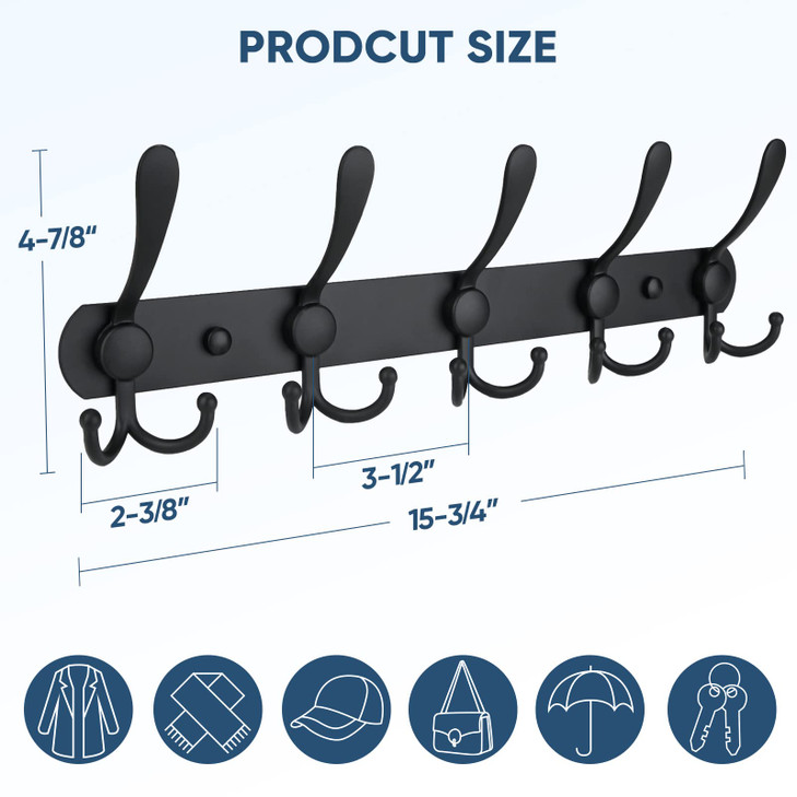 TICONN Wall Mounted Coat Rack Five Heavy Duty Tri Hooks All Metal Construction for Jacket Coat Hat in Mudroom Entryway M