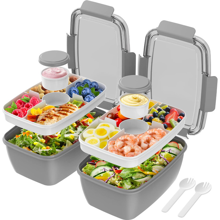 Cherrysea 2Pack Salad Lunch Container 68oz Salad Bowls with 4 Compartments TrayLeak Proof Lunch Box with Fork for MenWom