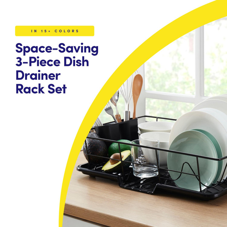 SpaceSaving 3Piece Dish Drainer Rack Set with Cutlery Holder Maximize Countertop Space Black