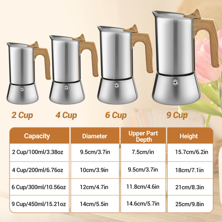 Vaolvpant No Coating 4 Cup Moka Pot Thickened 304 Stainless Steel Stovetop Espresso Coffee Maker 200ml 68oz Mocha Percol