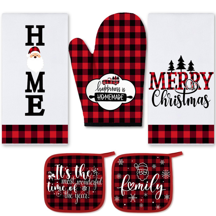 Rtteri 5 Pcs Christmas Red and Black Buffalo Plaid Kitchen Towels Oven Mitts and Pot Holders Sets Xmas Mittens Oven Glov