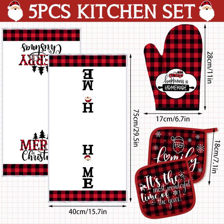 Rtteri 5 Pcs Christmas Red and Black Buffalo Plaid Kitchen Towels Oven Mitts and Pot Holders Sets Xmas Mittens Oven Glov