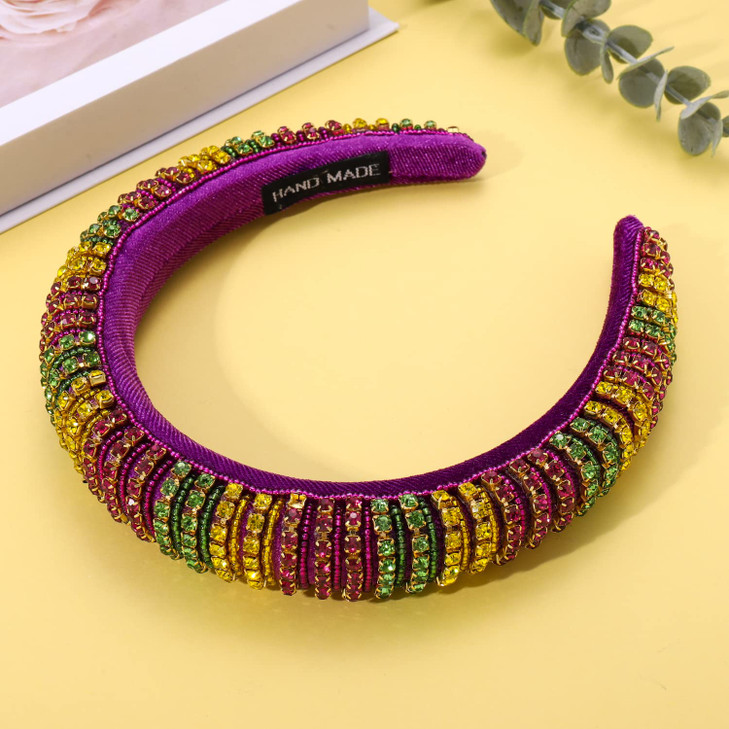 NVENF Mardi Gras Headbands Crystal Rhinestone Padded Headbands for Women Beaded Crystal Embellished Hairband Wide Bejewelled Carnival Headband Hair A